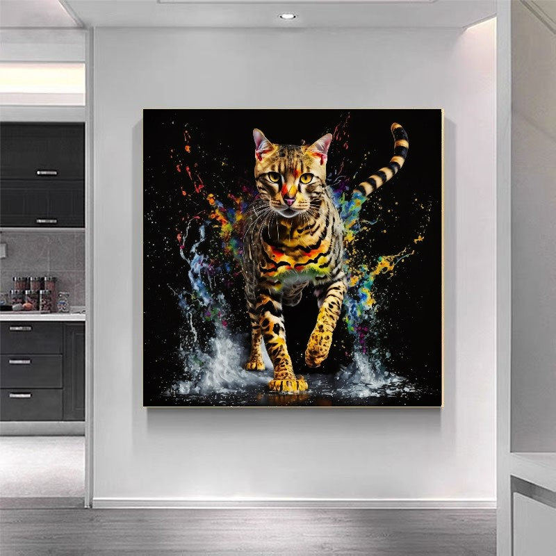 Bengal Cat Colorful Splash Canvas Print – Large – Oil on Canvas – {{ product.title }} canvas artwork by Tanya Mirelle – modern wall decor – original artwork for home, living room, office, or gallery – original artwork by BETSY-ART GALLERY