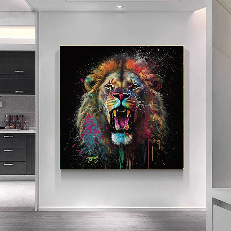 Bold Color Abstract Lion - Stretched Printed Canvas -Modern Wall Art Print