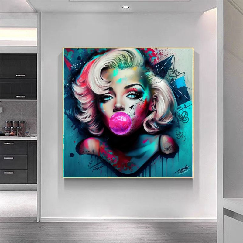 Stretched Printed Canvas / Marilyn Monroe with Pink booble gum / Unique Wall Art Print 140x140cm 55x55" rolled