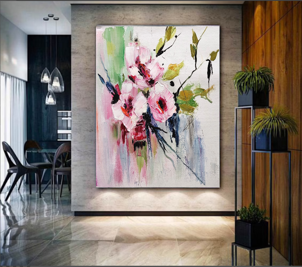 Large Impasto Textured Floral Oil Painting on Canvas - Original Artwork, Colorful Textured Wall Art