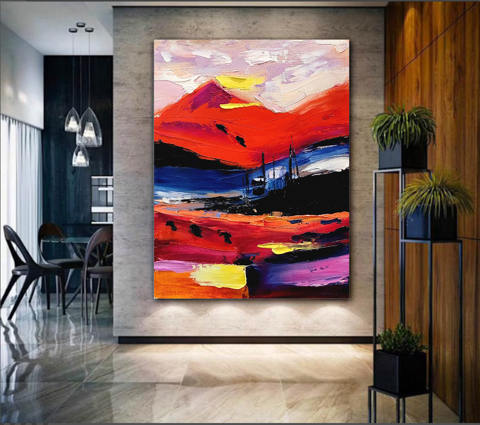 Fiery Twilight - Large Modern Abstract Impasto Oil Painting on Canvas, Colorful Textured Wall Art