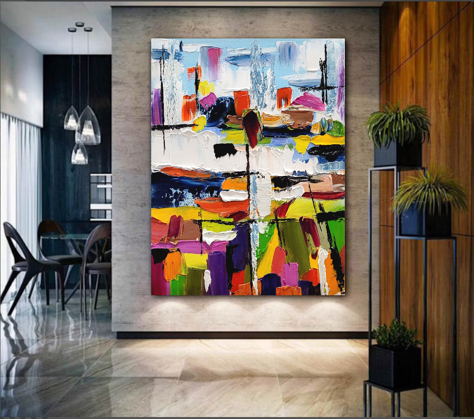 Urban Kaleidoscope - Large Modern Abstract Impasto Oil Painting on Canvas, Colorful Textured Wall Art