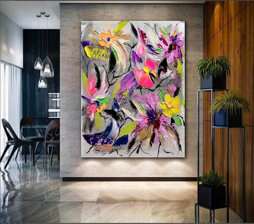 Floral Symphony - Modern Abstract Impasto Oil Painting on Canvas, Colorful Textured Wall Art