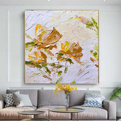 Gold Blooming Beauty, Impasto Textured Floral Oil Painting on Canvas - Original Artwork for Living room