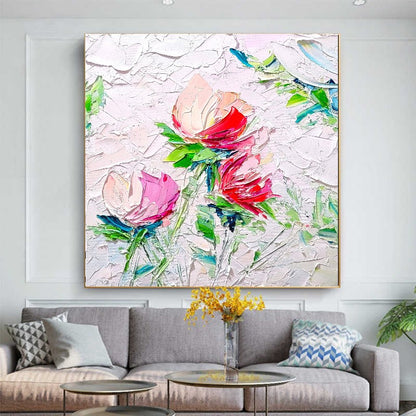 Blooming Beauty, Impasto Textured Floral Oil Painting on Canvas - Original Artwork for Living room