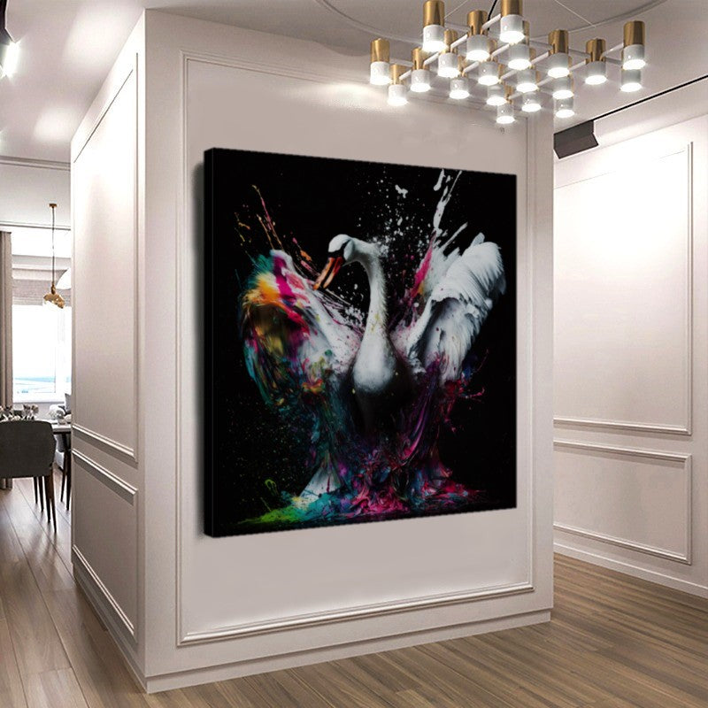 White Swan Colorful Splash - Unique Wall Art Print – Large – Oil on Canvas – {{ product.title }} canvas artwork by Tanya Mirelle – modern wall decor – original artwork for home, living room, office, or gallery – original artwork by BETSY-ART GALLERY