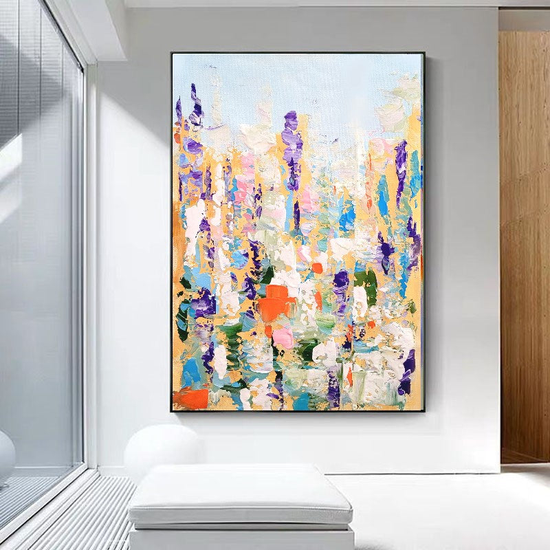 LARGE FLORAL Abstract Impasto Oil Painting on Canvas, Flower Meadow, Textured Modern Home Art Decor