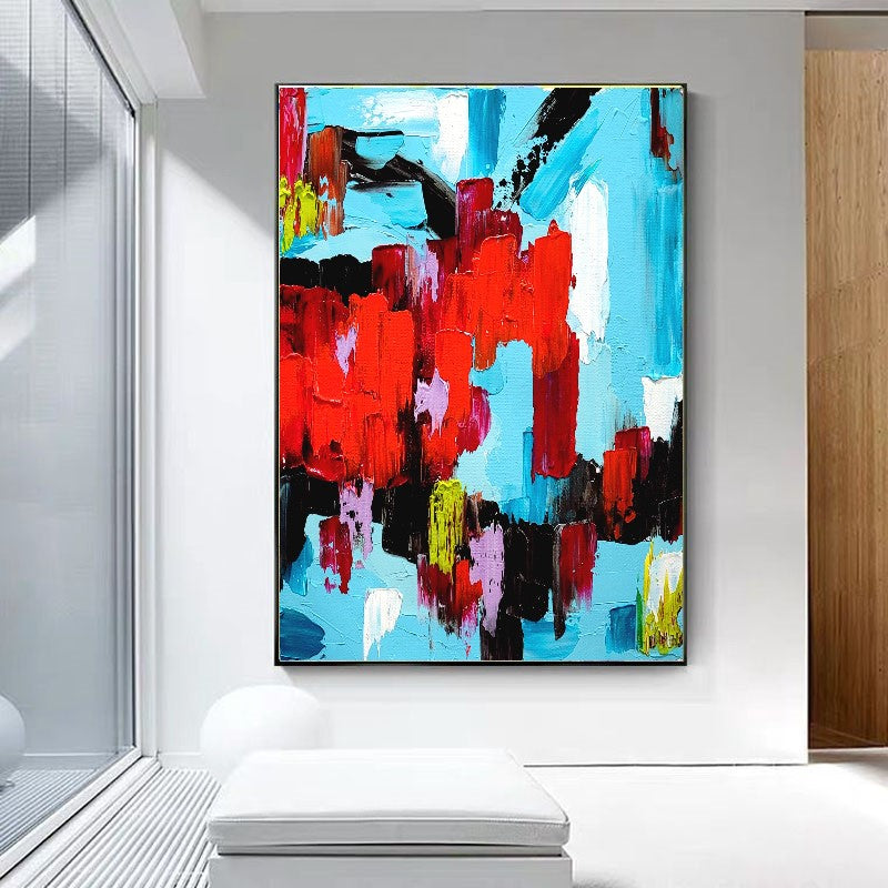 EXTRA LARGE Red Blue Abstract Impasto Oil Painting on Canvas / No Frame