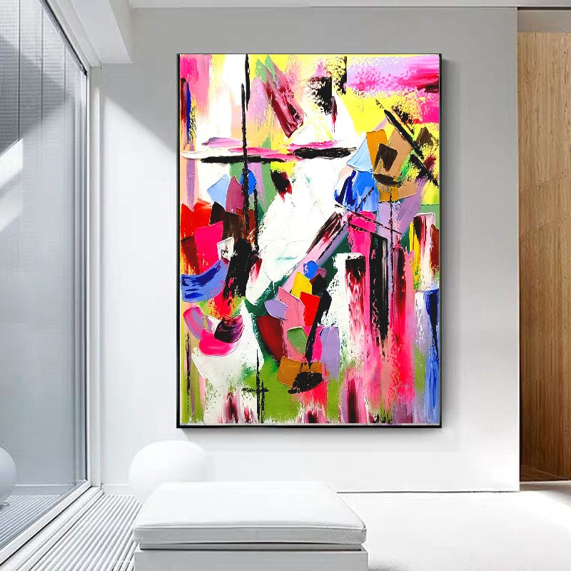 LARGE Modern Abstract Art, Vivid Pink Red Impasto Oil Painting on Canvas for Living Room