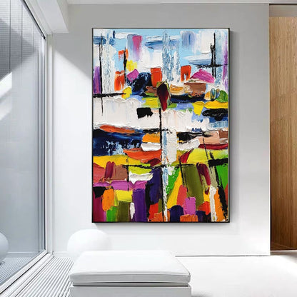 Urban Kaleidoscope - Large Modern Abstract Impasto Oil Painting on Canvas, Colorful Textured Wall Art