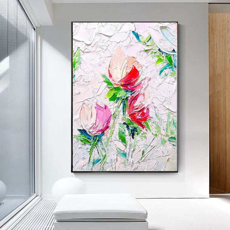 Blooming Beauty, Impasto Textured Floral Oil Painting on Canvas - Original Artwork for Living room