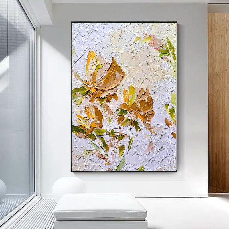 Gold Blooming Beauty, Impasto Textured Floral Oil Painting on Canvas - Original Artwork for Living room