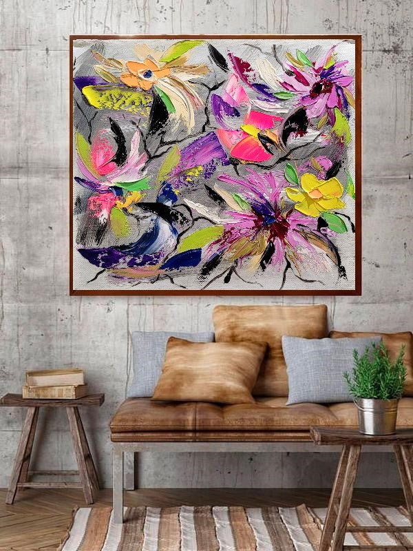 Floral Symphony - Modern Abstract Impasto Oil Painting on Canvas, Colorful Textured Wall Art