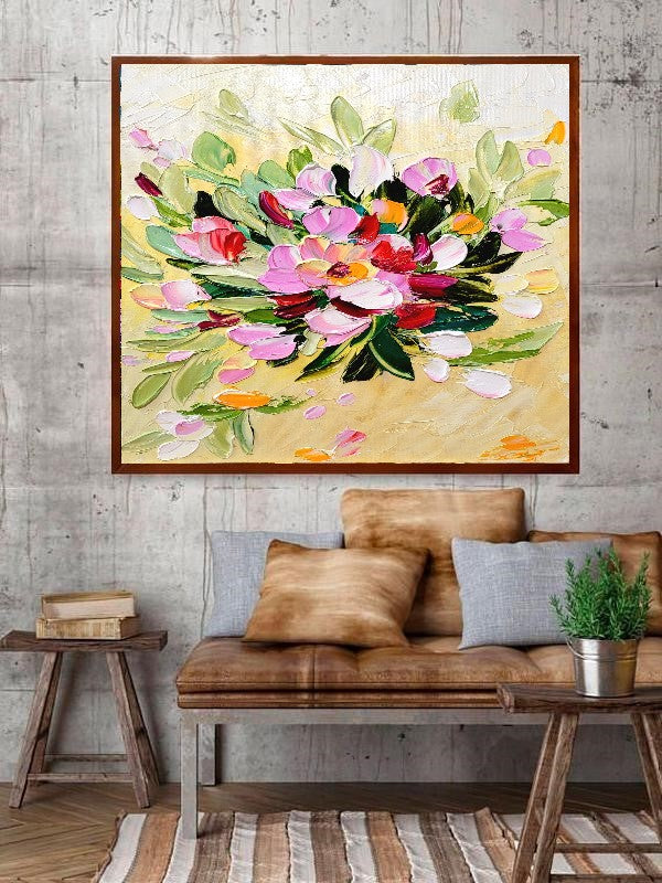 LARGE Floral Impasto Oil Painting on Canvas, Textured Abstract Flowers, Colorful Modern Wall Art Decor