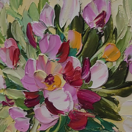 impasto oil painting, floral art, abstract flowers, textured canvas, vibrant painting, original artwork, modern wall art, thick paint strokes, colorful flowers, unique decor, contemporary painting, home decor, living room art, abstract expressionism, artistic gift, gallery art, handmade painting, large wall art, multicolor abstract, creative painting, fine art, blooming art, whimsical painting