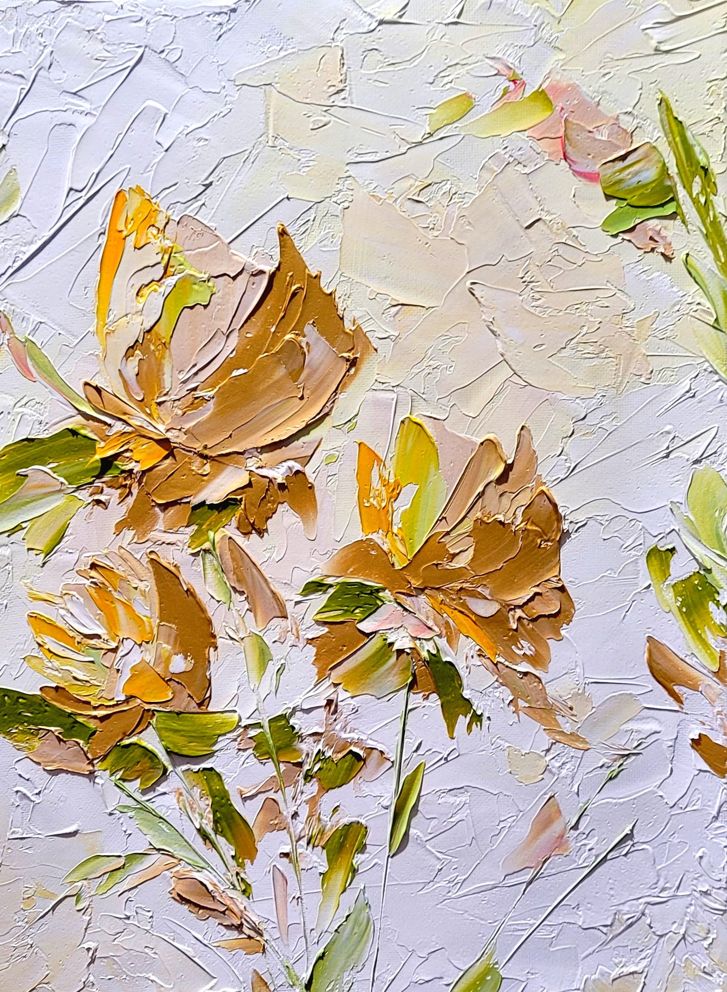 Gold Blooming Beauty, Impasto Textured Floral Oil Painting on Canvas - Original Artwork for Living room