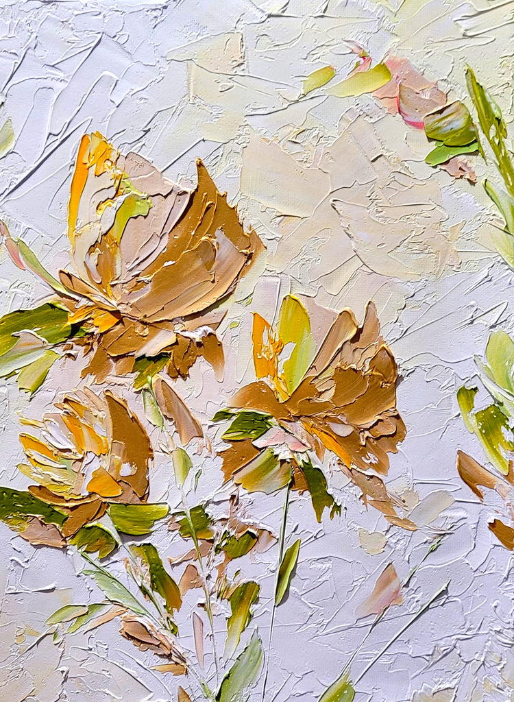 Gold Blooming Beauty, Impasto Textured Floral Oil Painting on Canvas - Original Artwork for Living room – Large – Oil on Canvas – {{ product.title }} canvas artwork by Tanya Mirelle – modern wall decor – original artwork for home, living room, office, or gallery – original artwork by BETSY-ART GALLERY