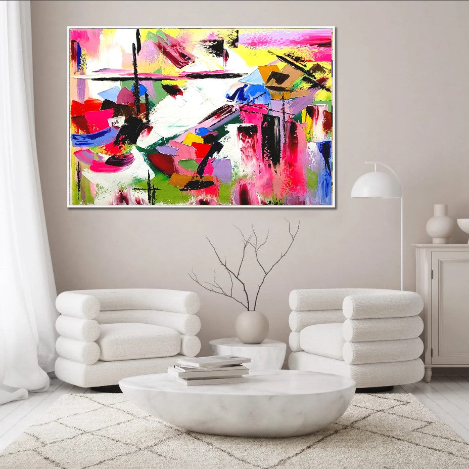 LARGE Modern Abstract Art, Vivid Pink Red Impasto Oil Painting on Canvas for Living Room