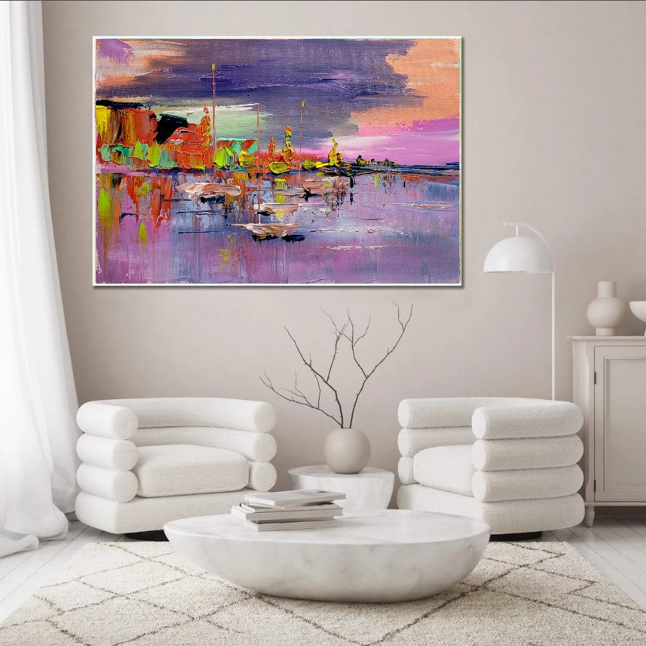 LARGE Abstract Impasto Oil Painting on Canvas, Mediterranean Seashore, Modern Wall Art for Bedroom, Living room