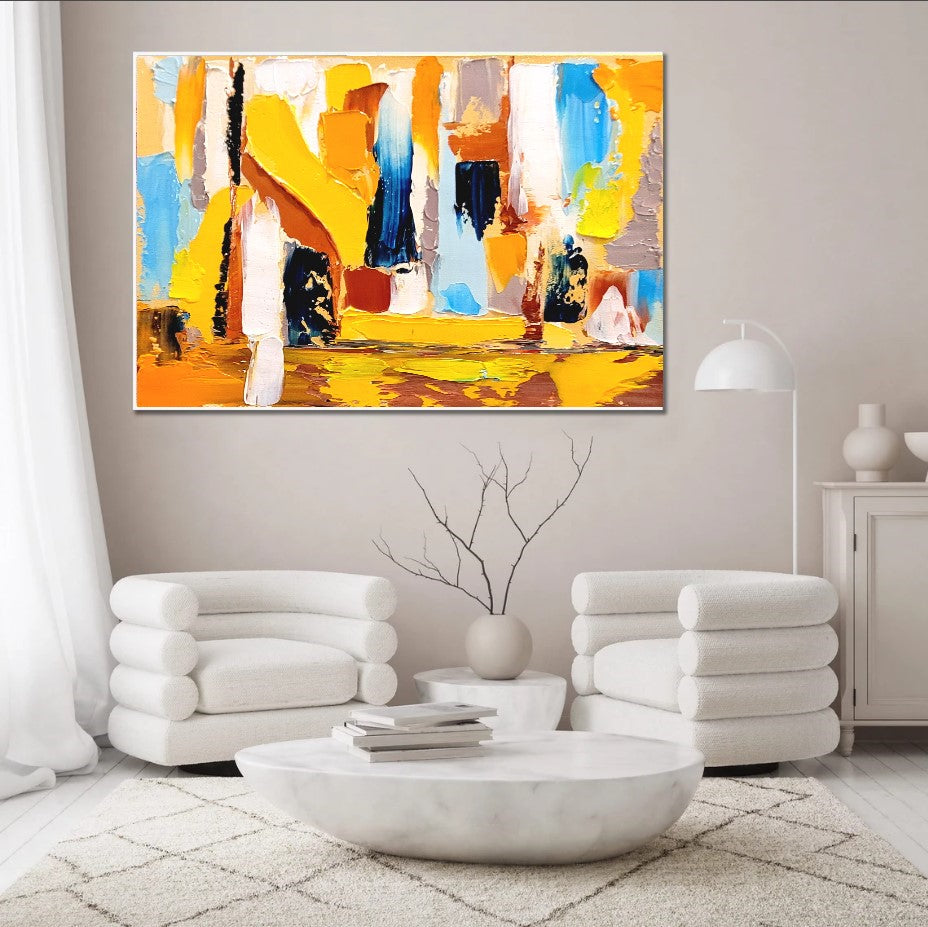 Modern Abstract Art, Vibrant Impasto Oil Painting on Canvas, Yellow Art, Handmade Art qork for Living room