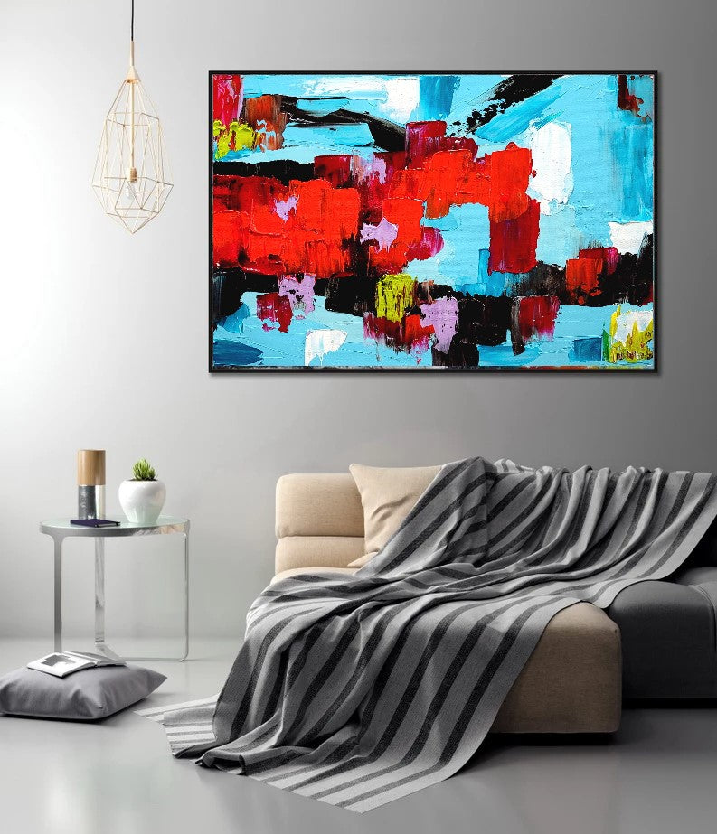 EXTRA LARGE Red Blue Abstract Impasto Oil Painting on Canvas / No Frame