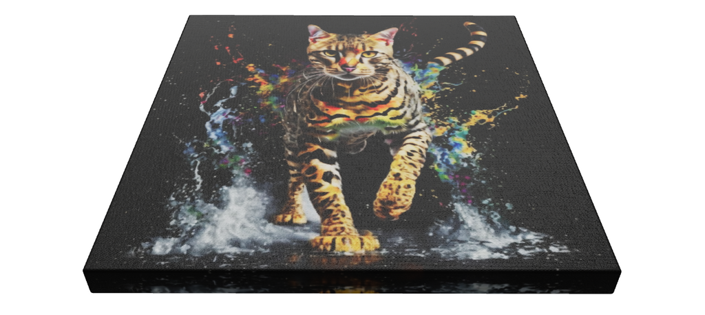 Bengal Cat Colorful Splash Canvas Print – Large – Oil on Canvas – {{ product.title }} canvas artwork by Tanya Mirelle – modern wall decor – original artwork for home, living room, office, or gallery – original artwork by BETSY-ART GALLERY