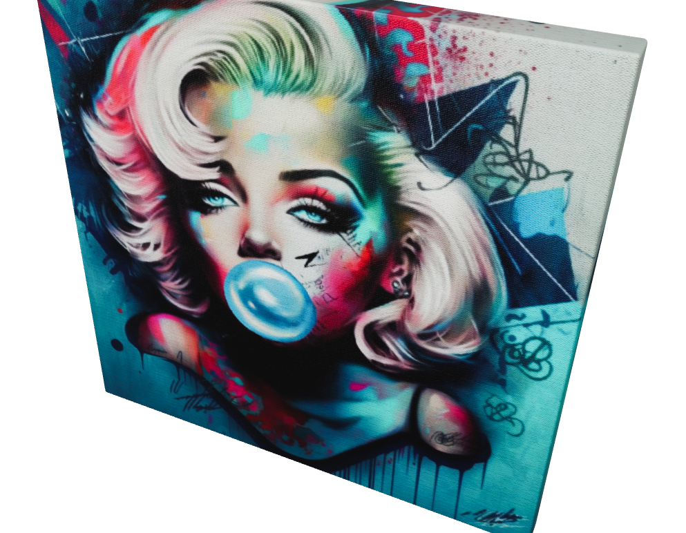 Large Stretched Printed Canvas / Marilyn Monroe with Blue booble gum / Unique Wall Art Print