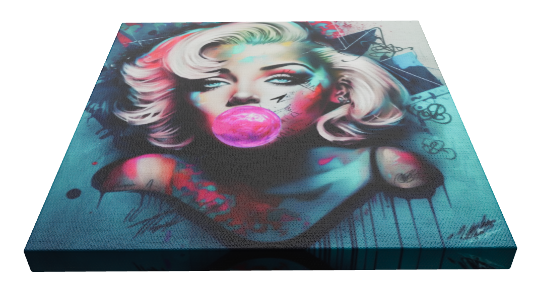 Large Stretched Printed Canvas / Marilyn Monroe with Blue booble gum / Unique Wall Art Print