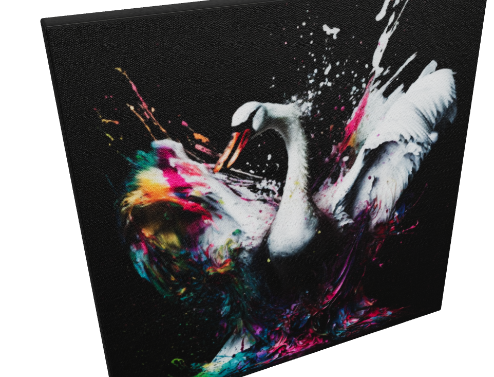 White Swan Colorful Splash - Unique Wall Art Print – Large – Oil on Canvas – {{ product.title }} canvas artwork by Tanya Mirelle – modern wall decor – original artwork for home, living room, office, or gallery – original artwork by BETSY-ART GALLERY