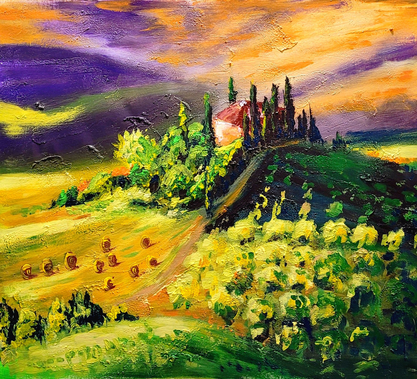 LARGE Abstract Impasto Oil Painting on Canvas, Toscana Italien Landscape, Textured Acrylic Art for Living room