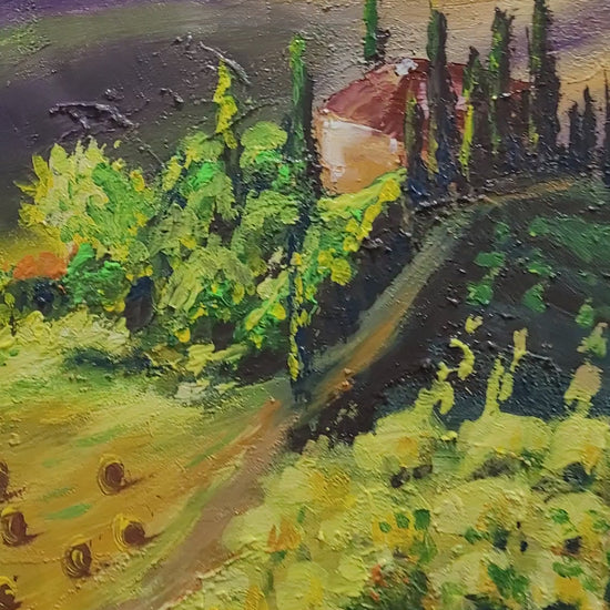 abstract landscape painting, impasto art, modern art, contemporary art, original painting, textured painting, wall art, oil painting, canvas art, sunset painting, countryside landscape, vibrant colors, expressionist art, handmade, palette knife painting, home decor, art collector, unique gift, fine art, impressionist landscape