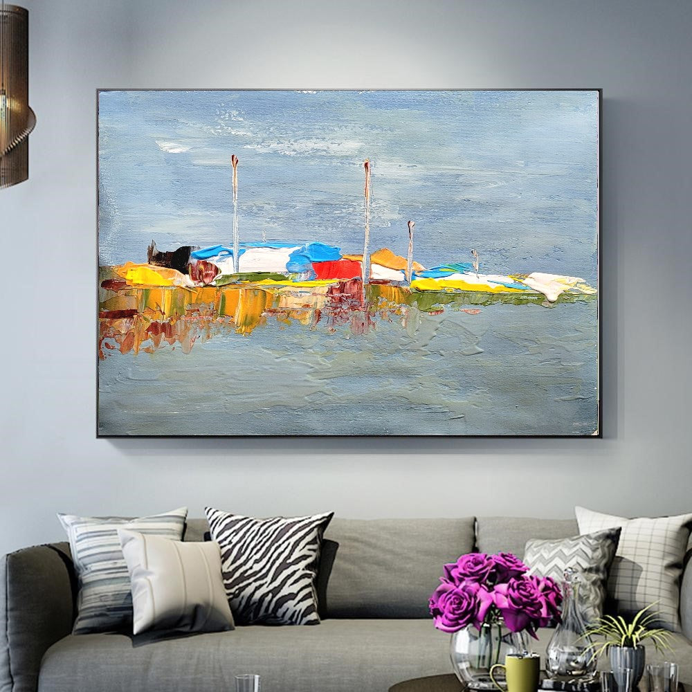 Moden Abstract Landscape Art, Seashore Impasto Oil Painting on Canvas for Living room