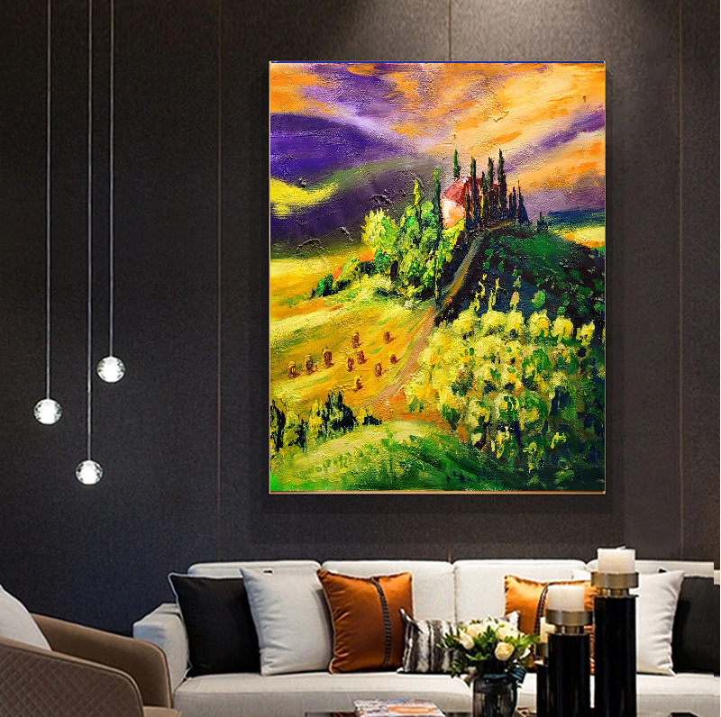 LARGE Abstract Impasto Oil Painting on Canvas, Toscana Italien Landscape, Textured Acrylic Art for Living room