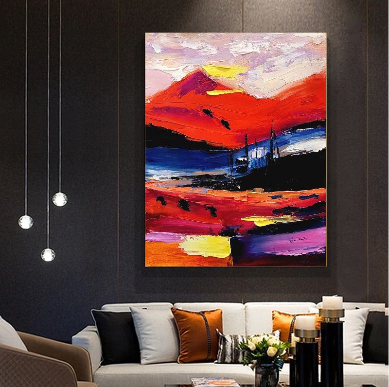 Fiery Twilight - Large Modern Abstract Impasto Oil Painting on Canvas, Colorful Textured Wall Art