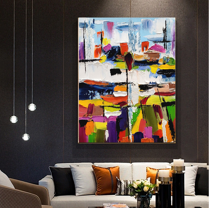 Urban Kaleidoscope - Large Modern Abstract Impasto Oil Painting on Canvas, Colorful Textured Wall Art