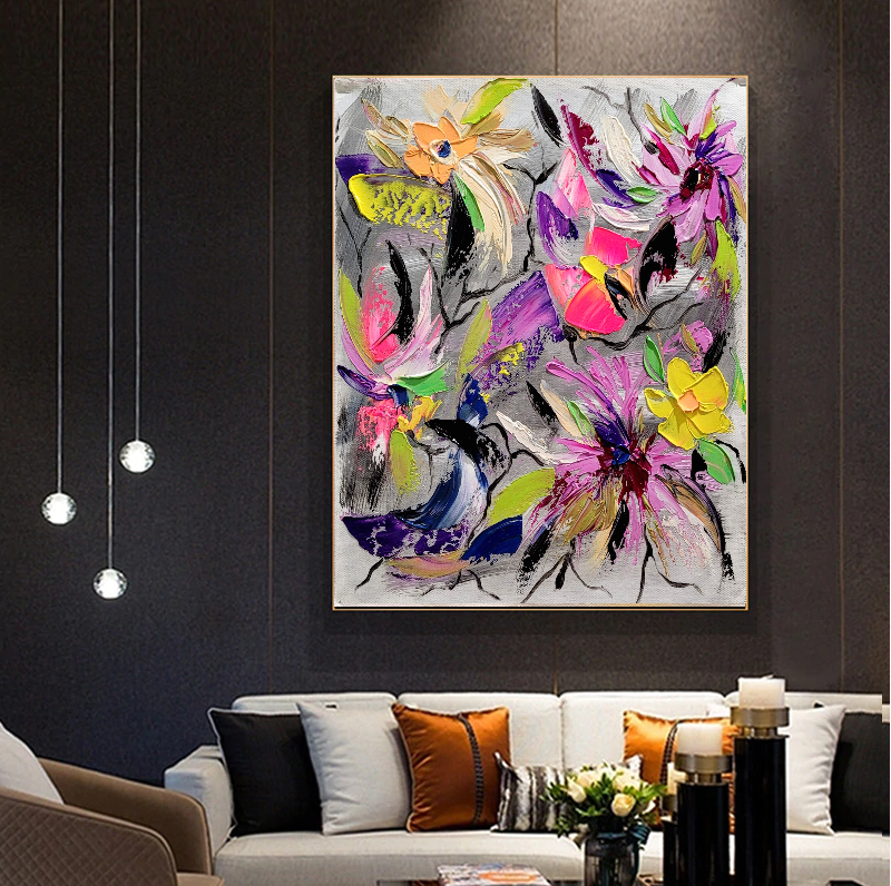 Floral Symphony - Modern Abstract Impasto Oil Painting on Canvas, Colorful Textured Wall Art