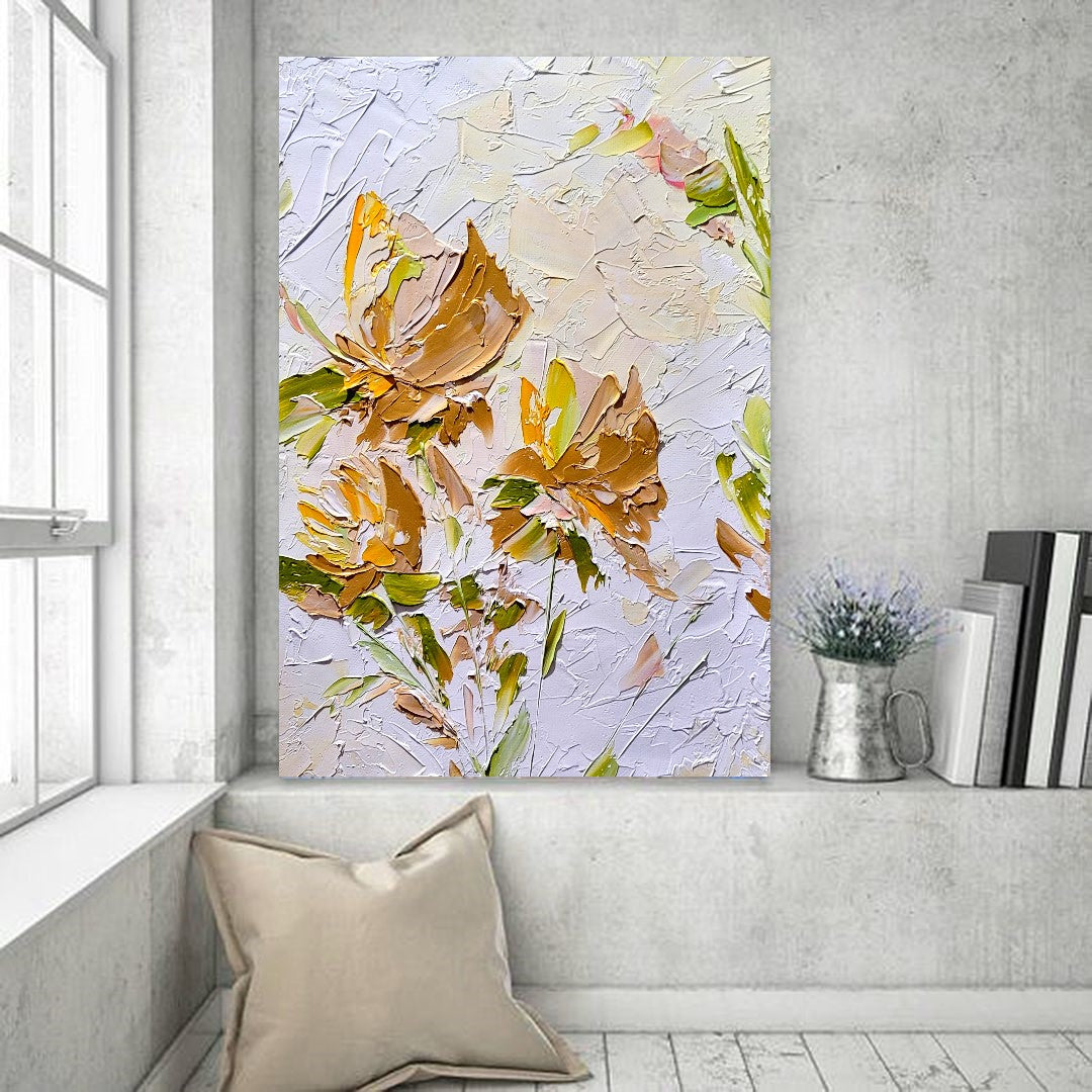 Gold Blooming Beauty, Impasto Textured Floral Oil Painting on Canvas - Original Artwork for Living room