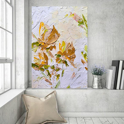 Gold Blooming Beauty, Impasto Textured Floral Oil Painting on Canvas - Original Artwork for Living room