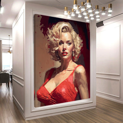 Marilyn Monroe in red dress / Large Stretched Printed Canvas / Modern Wall Art Print