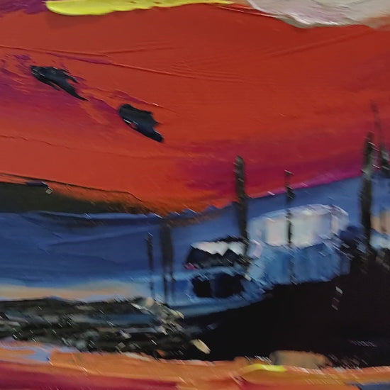 abstract landscape, modern art, impasto painting, oil on canvas, sunset painting, contemporary artwork, vibrant colors, textured art, original painting, home decor, office decor, palette knife art, scenic abstract, wall art, bold colors, handmade painting, fine art, unique wall decor, gift for art lovers, expressive art