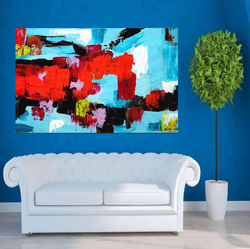 EXTRA LARGE Red Blue Abstract Impasto Oil Painting on Canvas / No Frame