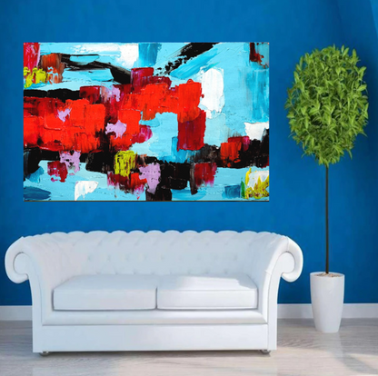 EXTRA LARGE Red Blue Abstract Impasto Oil Painting on Canvas / No Frame