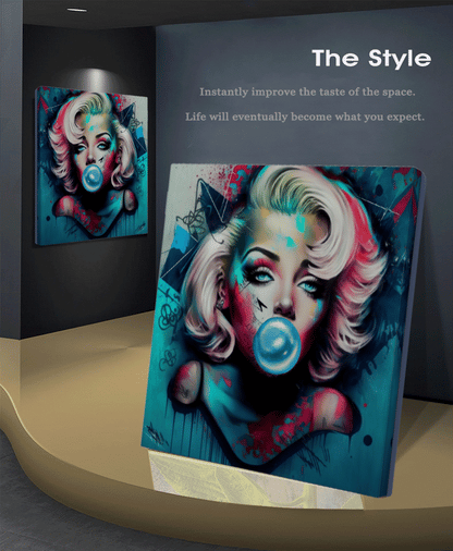 Large Stretched Printed Canvas / Marilyn Monroe with Blue booble gum / Unique Wall Art Print