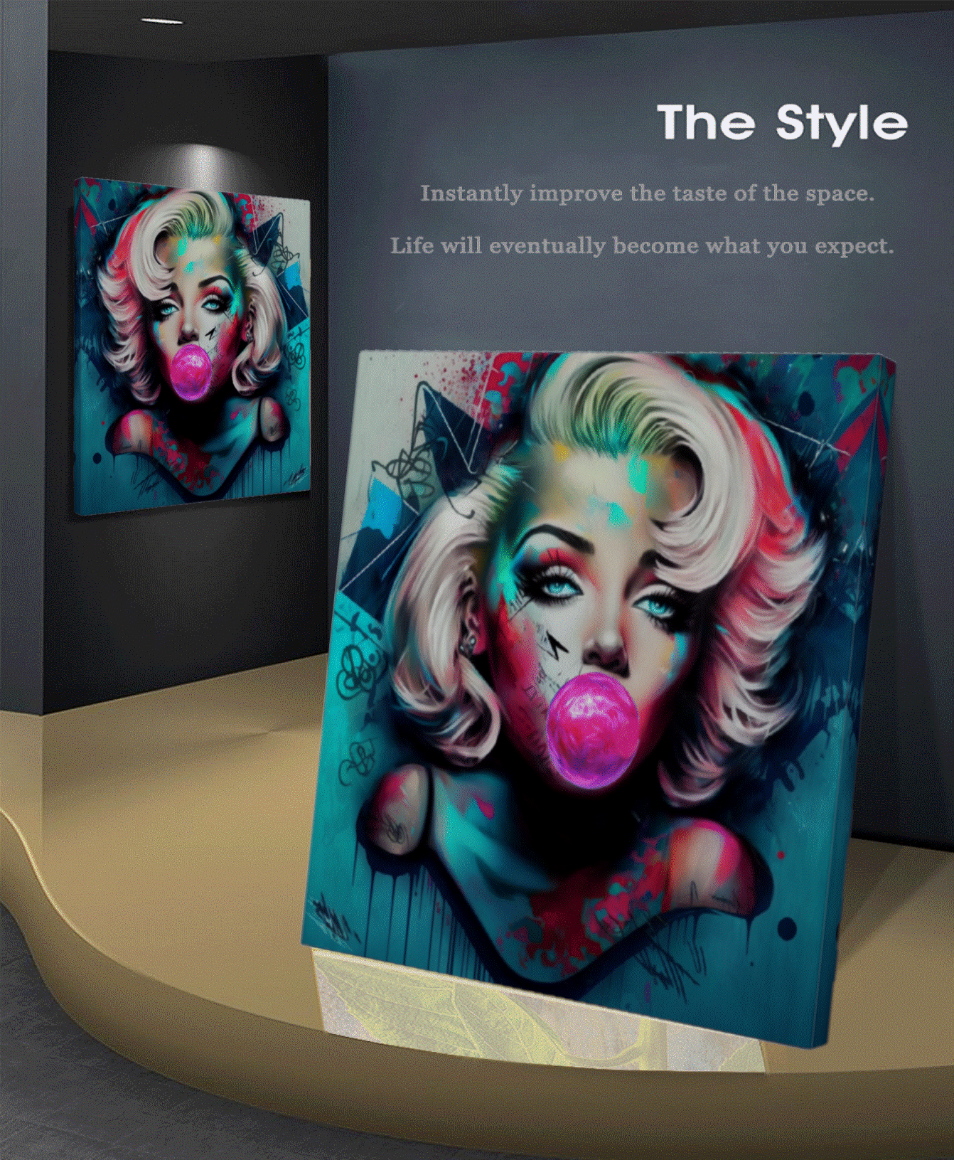 Large Stretched Printed Canvas / Marilyn Monroe with Blue booble gum / Unique Wall Art Print