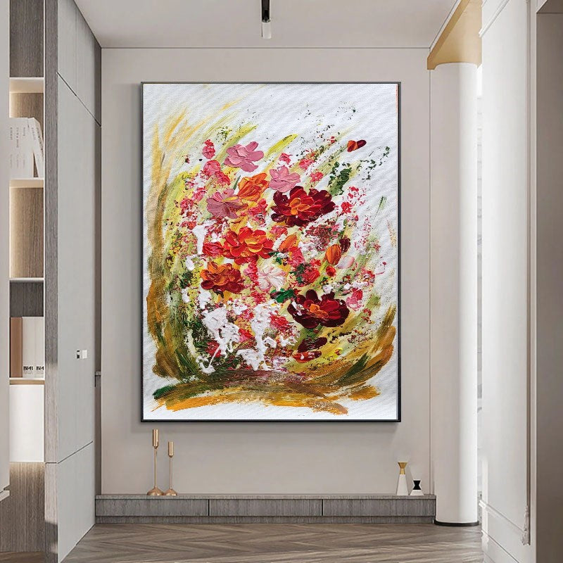 Blossoming Serenity - Modern Abstract Floral Impasto Oil Painting on Canvas, Living Room Art Decor