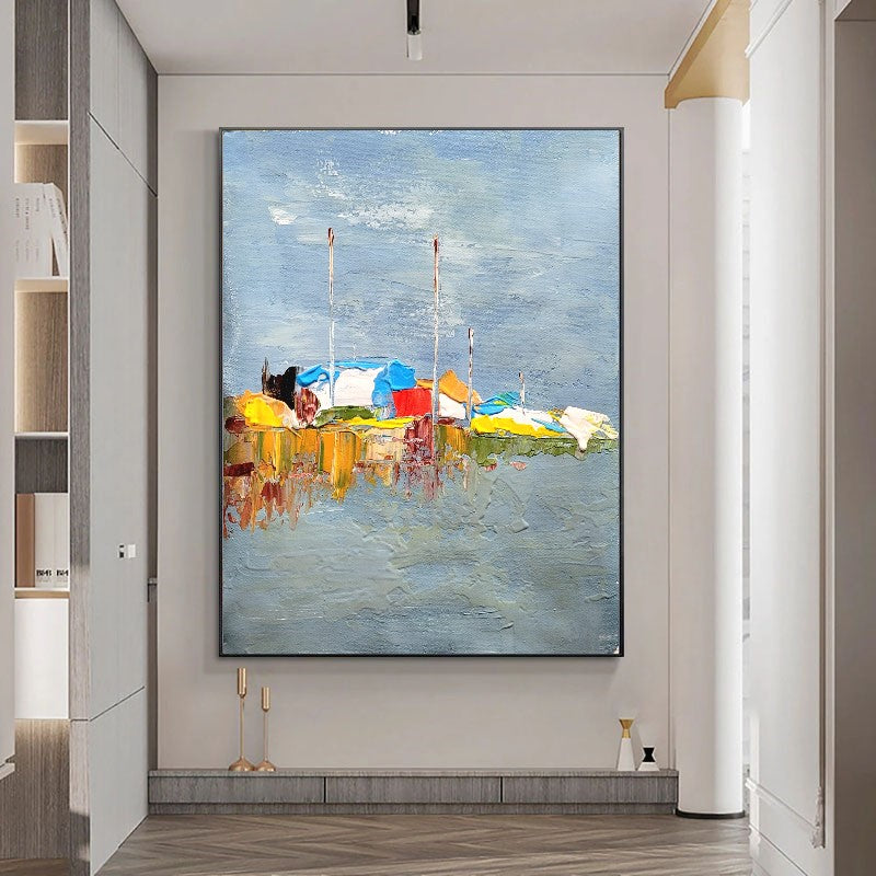 Moden Abstract Landscape Art, Seashore Impasto Oil Painting on Canvas for Living room