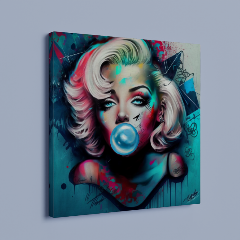 Large Stretched Printed Canvas / Marilyn Monroe with Blue booble gum / Unique Wall Art Print stretched