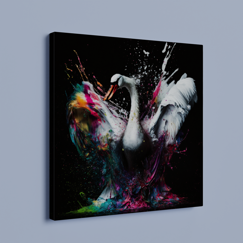 White Swan Colorful Splash - Unique Wall Art Print – Large – Oil on Canvas – {{ product.title }} canvas artwork by Tanya Mirelle – modern wall decor – original artwork for home, living room, office, or gallery – original artwork by BETSY-ART GALLERY