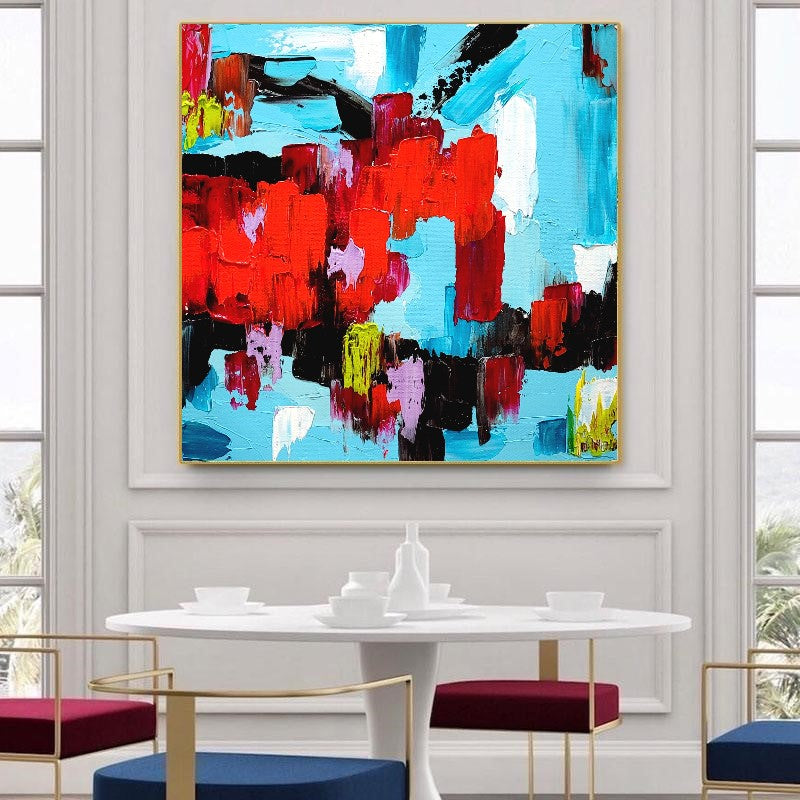 EXTRA LARGE Red Blue Abstract Impasto Oil Painting on Canvas / No Frame