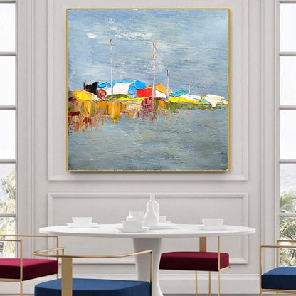 Moden Abstract Landscape Art, Seashore Impasto Oil Painting on Canvas for Living room